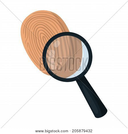 Investigation by fingerprint magnifier, crime. Loupe is a detective tool, single icon in cartoon style vector symbol stock illustration .