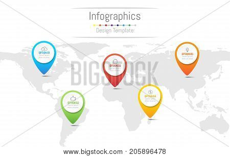 Infographic design elements for your business data with 5 options parts steps timelines or processes navigation pin concept. Vector Illustration. World map of this image furnished by NASA