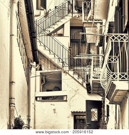 Narrow Street as Stairs in Italian City of Cetara Retro Image Filtered Style