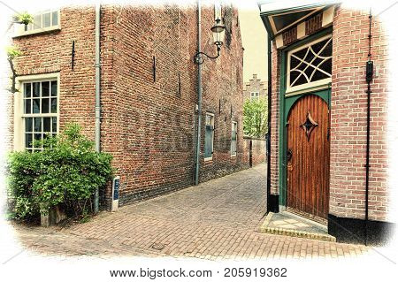 Typical Dutch brick houses in Holland. Street View in the historical center of Amersfoort in the Netherlands. Vintage style toned picture