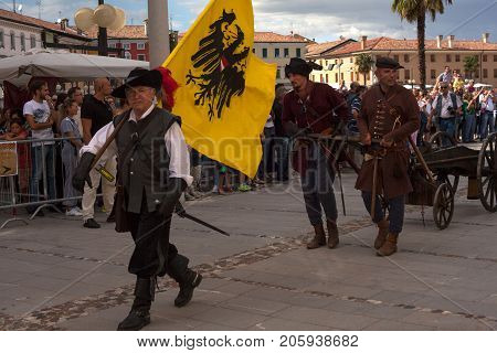 PALMANOVA ITALY - SEPTEMBER 03: Historical Groups dressed in ancient clothes during the historical Reenactment a.d. 1615 on September 03 2017