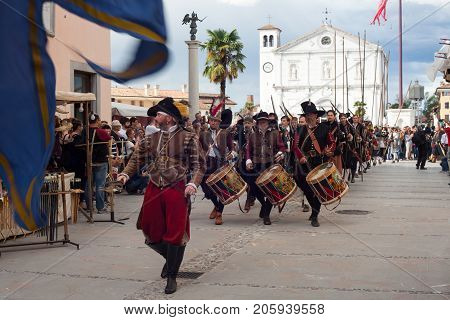 PALMANOVA ITALY - SEPTEMBER 03: Historical Groups dressed in ancient clothes during the historical Reenactment a.d. 1615 on September 03 2017