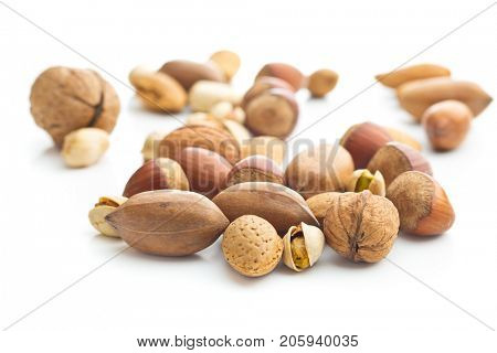 Different types of nuts in the nutshell. Hazelnuts, walnuts, almonds, pecan nuts and pistachio nuts isolated on white background.