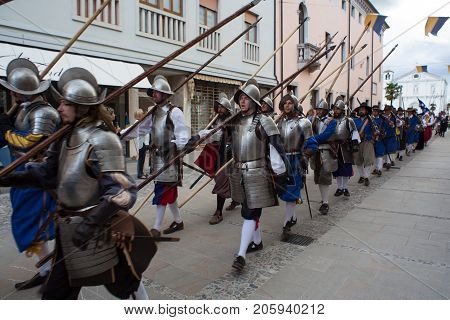 PALMANOVA ITALY - SEPTEMBER 03: Historical Groups dressed in ancient clothes during the historical Reenactment a.d. 1615 on September 03 2017