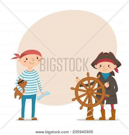 Two little boys dressed as sailors, pirates with steering wheel, teddy bear and place for text, cartoon vector illustration isolated on white background. Kids, boys dressed as pirates, sailors
