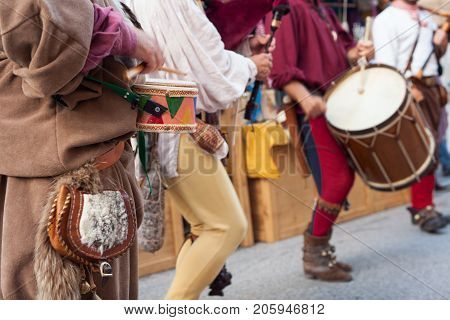 PALMANOVA ITALY - SEPTEMBER 03: Historical bagpiper and drummer dressed in ancient clothes during the historical Reenactment a.d. 1615 on September 03 2017