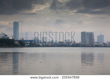view over Truc Bach lake in the center of the capital of Vietnam Hanoi city