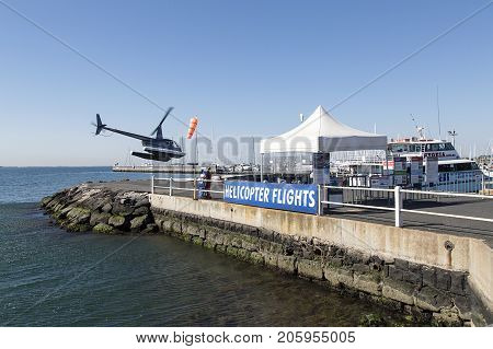 Geelong, Australia: April 03, 2017: Geelong Helicopters operates daily from the Geelong Waterfront on the Yarra Street Pier and also by appointment from Barwon Heads Airport.