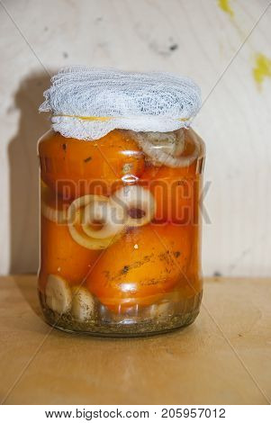 Assortie Jars Of Marinated Vegetables Picles Tomato On Wooden Background