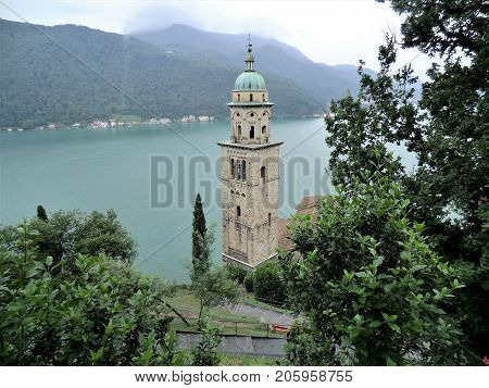 Church of Santa Maria del Sasso, Morcote, and Lake Lugano, Ticino, Switzerland