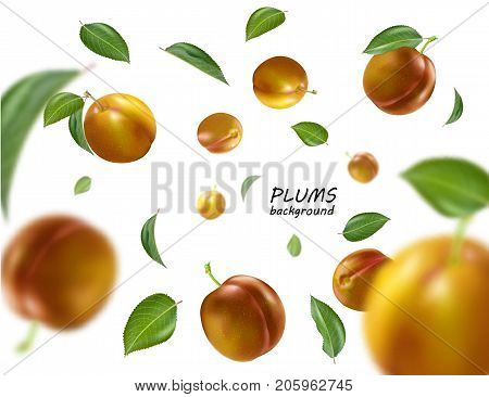 Ripe plums with leaves on white background. Flying yellow plums. Quality realistic vector.