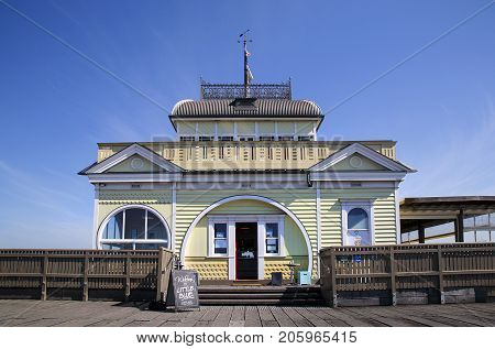 April 04, 2017: St Kilda, Australia: The iconic 'Little Blue' pavilion at the end of St Kilda's pier. A victorian era building which serves food and drinks all year round.