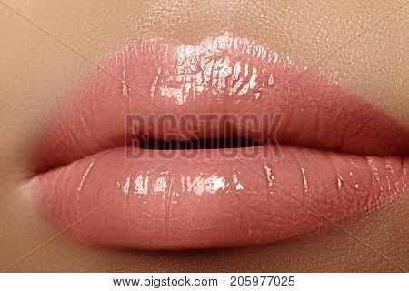 Moisturizing Lip Balm, Lipstick. Close-up Of A Beautiful Sexy Wet Lips. Full Lips With Gloss Makeup.