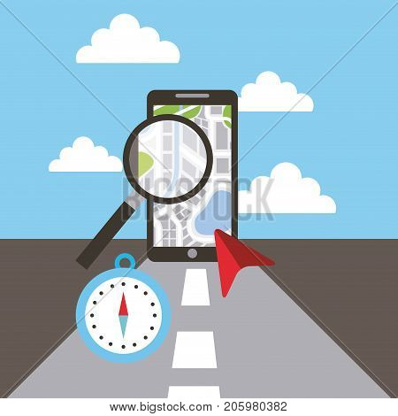 smartphone maginifer compass navigation road concept vector illustration