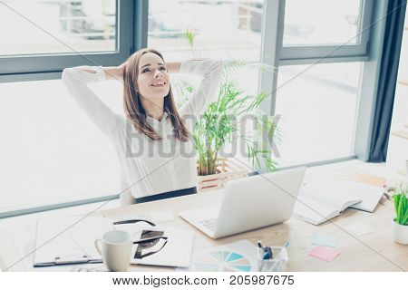 Successful Relaxed Secretary Is Resting At Her Work Station And Dreams Of Holiday Which Is Coming, W