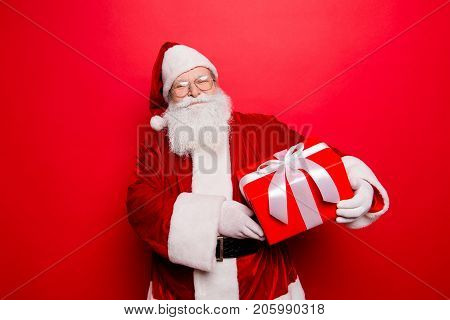 Happiness, Noel, Festive Seosonal Occasion. Funny Saint Nicholas In Red Traditional Fur Coat And Hea