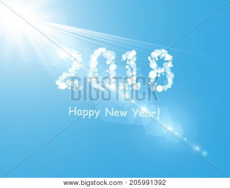 2018 shaped clouds in the blue sky with bright sun. Vector
