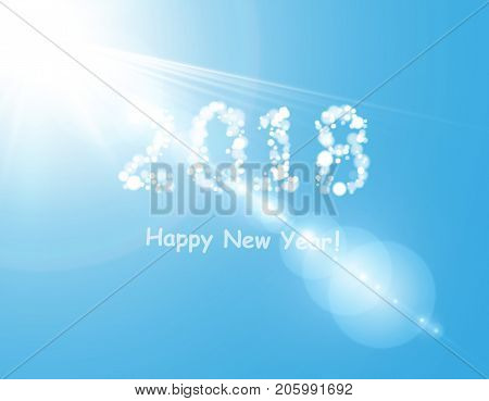 2018 shaped clouds in the blue sky with bright sun. Vector