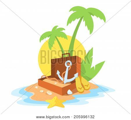 Vector Creative Illustration Of A Sandy Island In The Ocean With A Green Palm Tree, An Open Suitcase