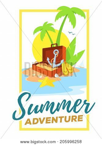 Vector Creative Template With Frame And Illustration Of A Sandy Island In The Ocean With A Green Pal