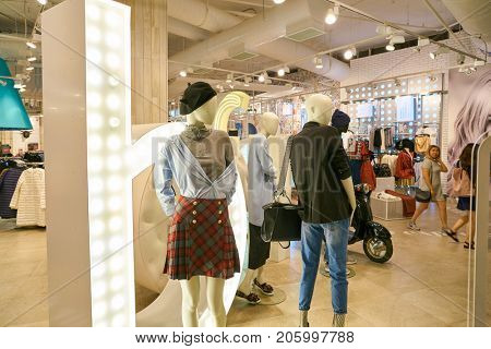 SAINT PETERSBURG, RUSSIA - CIRCA AUGUST, 2017: inside befree store at Galeria shopping center. Galeria is major shopping and entertainment center is located in downtown of St. Petersburg