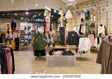 SAINT PETERSBURG, RUSSIA - CIRCA AUGUST, 2017: inside befree store at Galeria shopping center. Galeria is major shopping and entertainment center is located in downtown of St. Petersburg