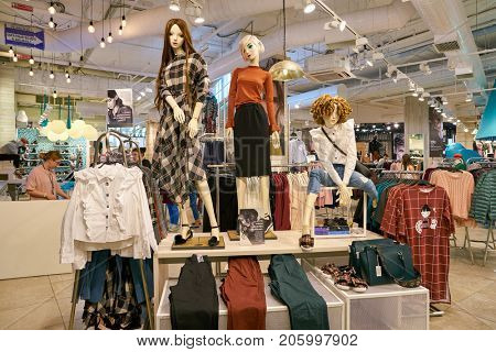 SAINT PETERSBURG, RUSSIA - CIRCA AUGUST, 2017: inside befree store at Galeria shopping center. Galeria is major shopping and entertainment center is located in downtown of St. Petersburg
