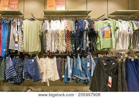 SAINT PETERSBURG, RUSSIA - CIRCA AUGUST, 2017: inside Koton store at Galeria shopping center. Galeria is major shopping and entertainment center is located in downtown of St. Petersburg