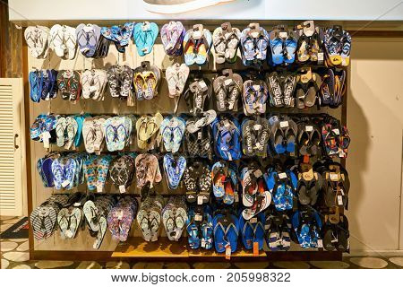 SAINT PETERSBURG, RUSSIA - CIRCA AUGUST, 2017: inside Quiksilver store at Galeria shopping center. Quiksilver, Inc. is an American retail sporting company.