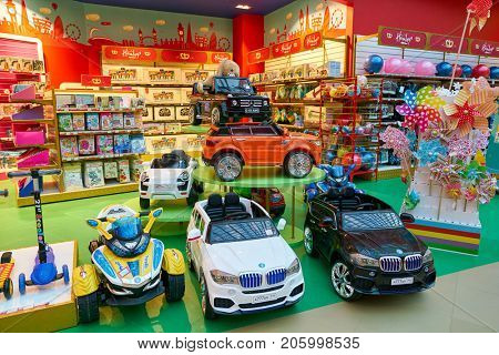 SAINT PETERSBURG, RUSSIA - CIRCA AUGUST, 2017: goods on display at a toy store at Galeria shopping center. Galeria is major shopping and entertainment center is located in downtown of St. Petersburg