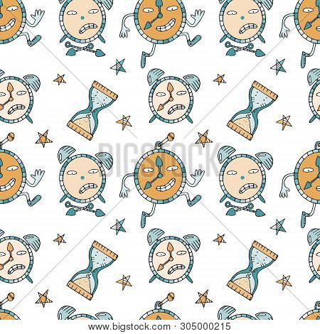 Seamless Pattern With Watches, Hourglasses And Clocks. Fine For Stationery, Wrapping Paper, Textile 