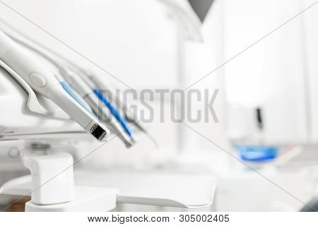 Stomatological Instrument In The Dentists Clinic. Dental Work In Clinic. Operation, Tooth Replacemen