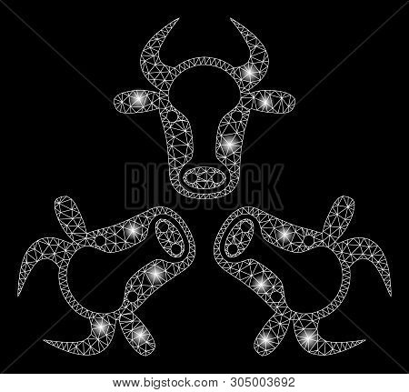 Bright Mesh Cow Trinity With Glow Effect. Abstract Illuminated Model Of Cow Trinity Icon. Shiny Wire