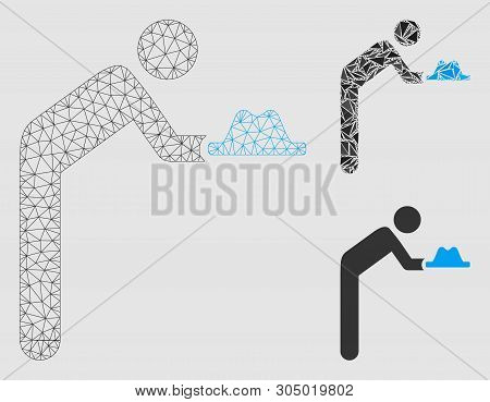 Mesh Concierge With Hat Model With Triangle Mosaic Icon. Wire Frame Triangular Mesh Of Concierge Wit