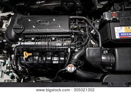 Novosibirsk, Russia - June 04, 2019: Kia Rio,close-up Of The Engine, Front View. Internal Combustion