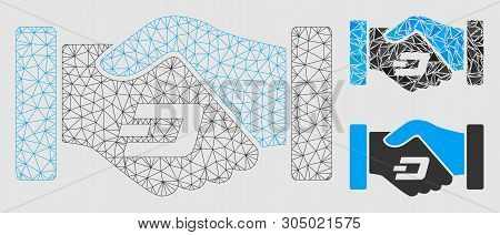 Mesh Dash Contract Hands Model With Triangle Mosaic Icon. Wire Frame Triangular Mesh Of Dash Contrac
