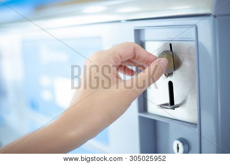 Coin Slot Of Coin Laundry Vending Machine, Coin Inserting By Hand