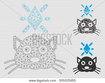 Mesh Crypto Kitty Model With Triangle Mosaic Icon. Wire Carcass Triangular Mesh Of Crypto Kitty. Vec