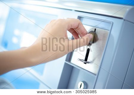 Coin Slot Of Coin Laundry Vending Machine, Coin Inserting By Hand