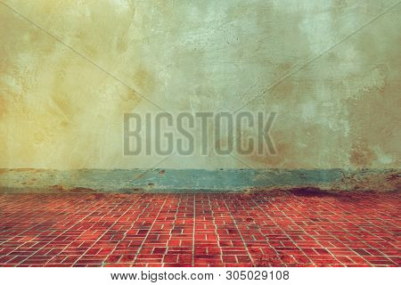 Grunge Texture Of Old Wall And Dirty  Floor Tile Background, Aged Room In Old House