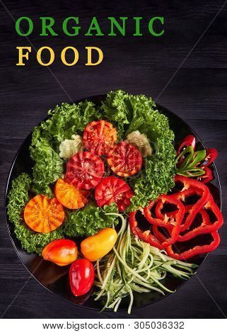Dietary Salad From Tomato, Cucumbers, A Green Salad, Bitter And Sweet Pepper. Top View.