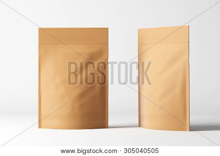 Two Empty Recycled Craft Paper Packaging Bag On A White Background. Mock Up. 3d Rendering