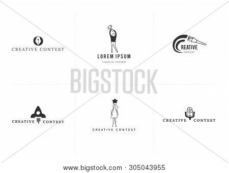 Vector Set Of Hand Drawn Icons. Premade Logo Templates. Creative Contest Theme. For Business Identit