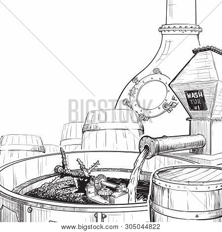 Whiskey From Grain To Bottle. A Swan Necked Copper Stills, Oak Casks Used For Aging And A Watermill 