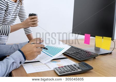 Businessman Work With Friend On The Table With Computer Laptop Calulator ,working Data Analyses For 