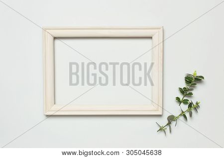White Wooden Photo Frame And Spring Green Twigs Of Plants On Gray Background. Flat Lay Top View Copy