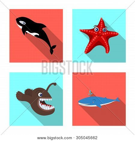 Vector Design Of Sea And Animal Logo. Set Of Sea And Marine Vector Icon For Stock.