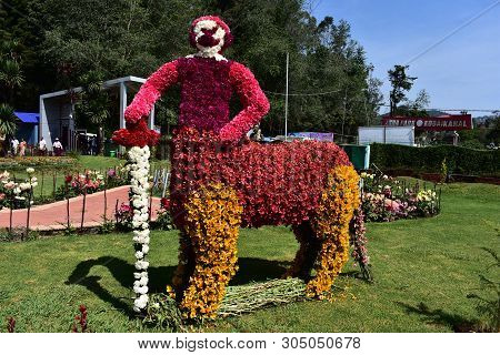 Kodaikanal, Tamilnadu, India - June 2, 2019: Statues Made With Flowers At The 58Th Flower Show In Ko