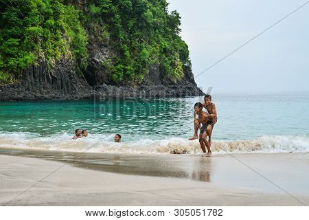 Bali, Indonesia - January 14, 2018: Kids Playing At Tropical Beach In Bali Near Chandidasa, Knowen A