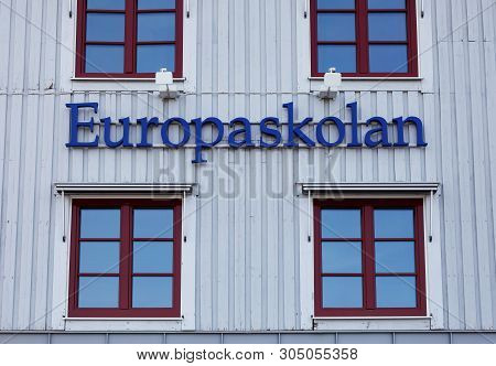 Strangnas, Sweden - June 5, 2019:  Close-up Of The Sign On The Europaskolan School Building.